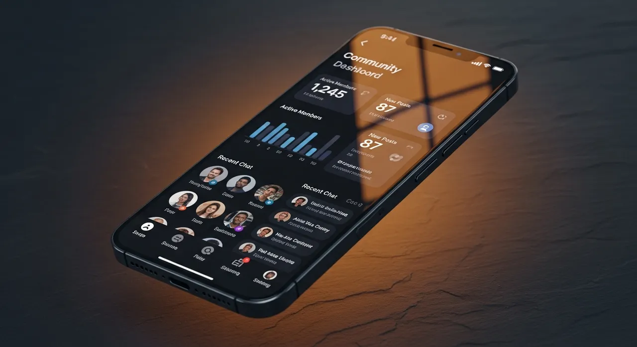 Estage mobile app showing community dashboard and engagement stats on a smartphone